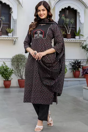 Women Ethnic Motifs Printed Regular Thread Work Pure Cotton Kurta with Trousers & With Dupatta