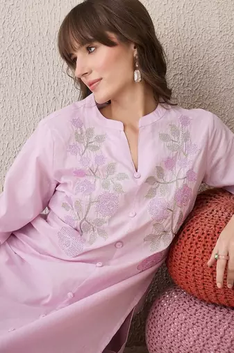 Women Floral Embroidered Regular Thread Work Pure Cotton Kurta with Trousers