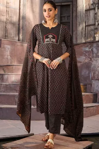 Women Ethnic Motifs Printed Regular Thread Work Pure Cotton Kurta with Trousers & With Dupatta