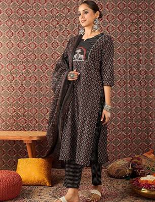 Women Ethnic Motifs Printed Regular Thread Work Pure Cotton Kurta with Trousers & With Dupatta 4