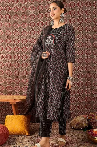 Women Ethnic Motifs Printed Regular Thread Work Pure Cotton Kurta with Trousers & With Dupatta
