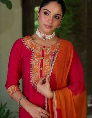 Women Ethnic Motifs Embroidered Regular Kurta with Trousers & With Dupatta 1