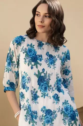 Women Floral Printed Pleated Pure Cotton Kurta with Trousers