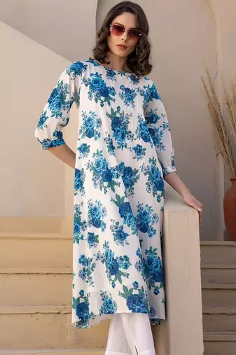 Women Floral Printed Pleated Pure Cotton Kurta with Trousers