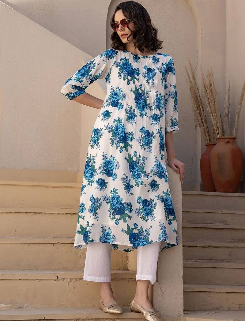 Women Floral Printed Pleated Pure Cotton Kurta with Trousers