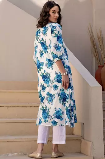 Women Floral Printed Pleated Pure Cotton Kurta with Trousers