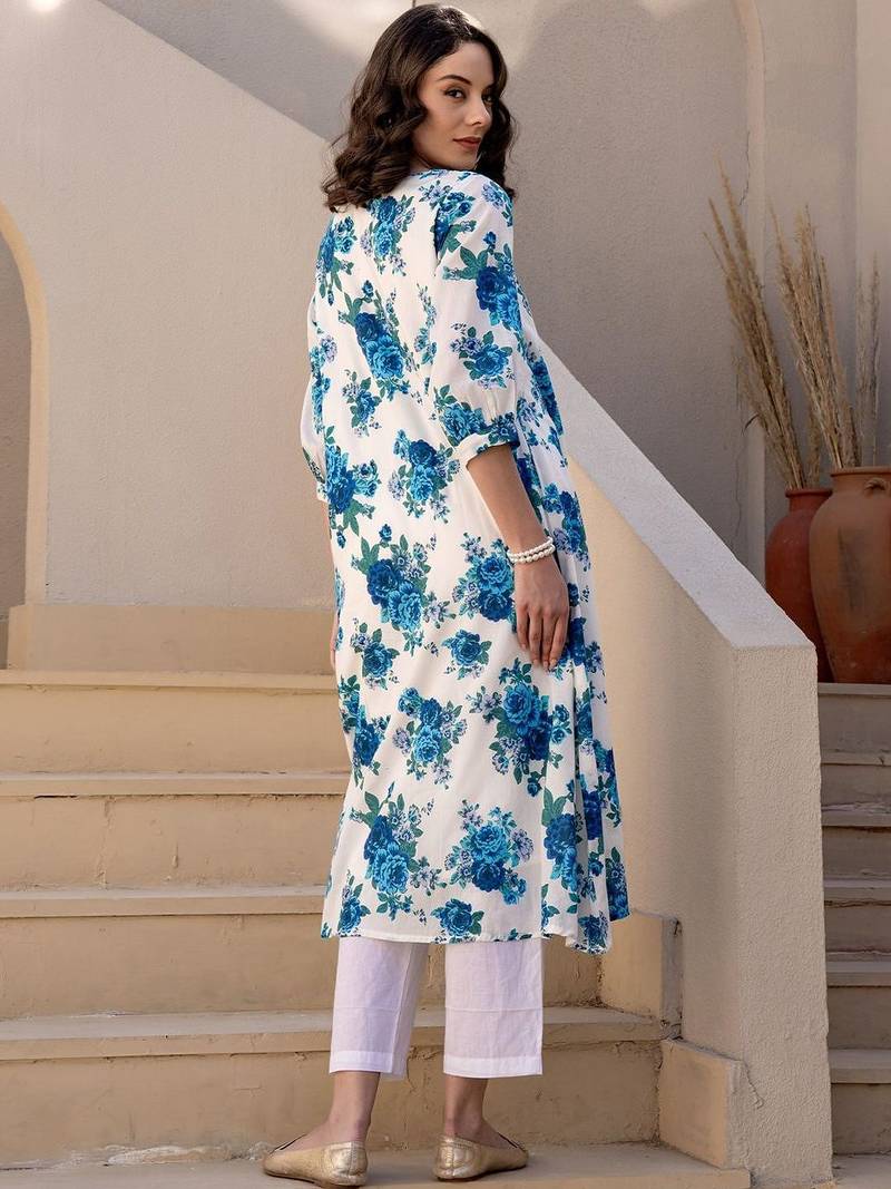 Women Floral Printed Pleated Pure Cotton Kurta with Trousers