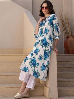 Women Floral Printed Pleated Pure Cotton Kurta with Trousers 5