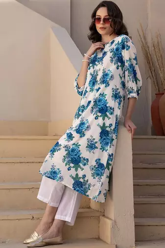 Women Floral Printed Pleated Pure Cotton Kurta with Trousers
