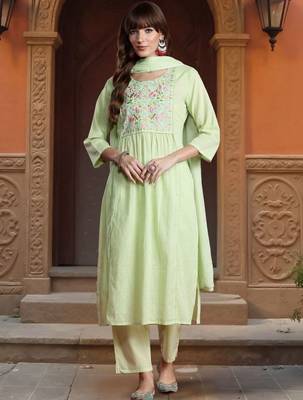 Women Floral Embroidered Regular Thread Work Pure Cotton Kurta with Trousers & With Dupatta 1