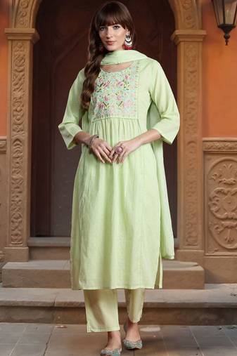 Women Floral Embroidered Regular Thread Work Pure Cotton Kurta with Trousers & With Dupatta