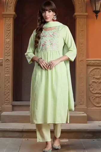 Women Floral Embroidered Regular Thread Work Pure Cotton Kurta with Trousers & With Dupatta