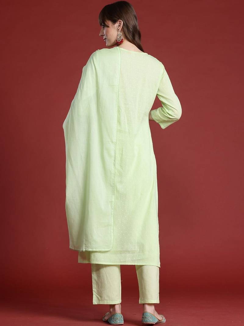 Women Floral Embroidered Regular Thread Work Pure Cotton Kurta with Trousers & With Dupatta