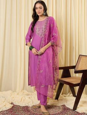 Women Ethnic Motifs Embroidered Regular Thread Work Kurta with Trousers & With Dupatta 1