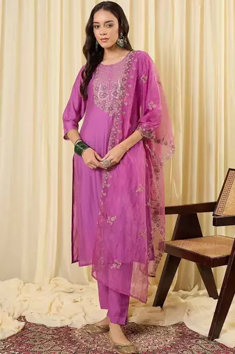 Women Ethnic Motifs Embroidered Regular Thread Work Kurta with Trousers & With Dupatta