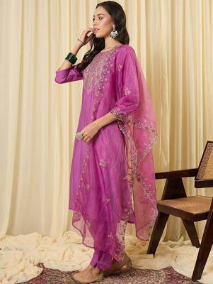 Women Ethnic Motifs Embroidered Regular Thread Work Kurta with Trousers & With Dupatta 5
