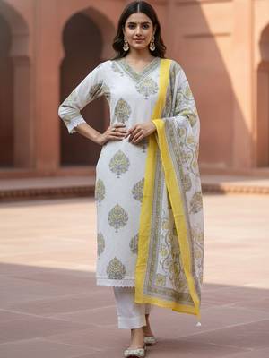Ethnic Motifs Printed Regular Pure Cotton Straight Kurta With Trousers & Dupatta 1