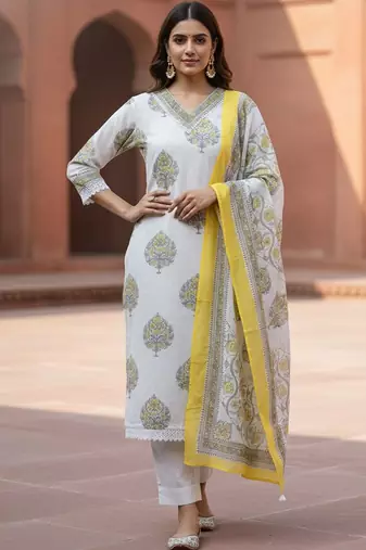 Ethnic Motifs Printed Regular Pure Cotton Straight Kurta With Trousers & Dupatta