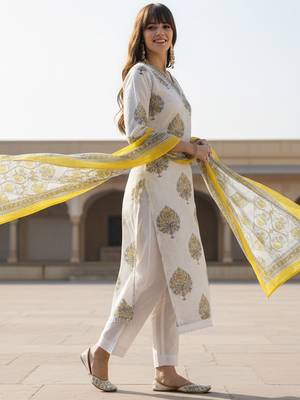 Ethnic Motifs Printed Regular Pure Cotton Straight Kurta With Trousers & Dupatta 3