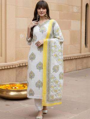 Ethnic Motifs Printed Regular Pure Cotton Straight Kurta With Trousers & Dupatta 4