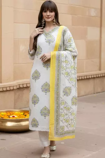 Ethnic Motifs Printed Regular Pure Cotton Straight Kurta With Trousers & Dupatta