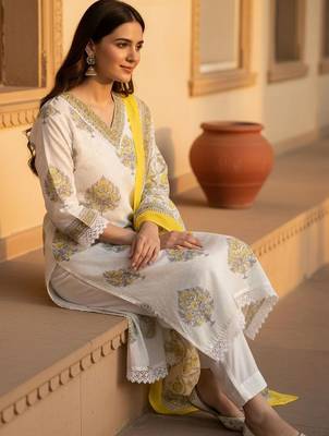 Ethnic Motifs Printed Regular Pure Cotton Straight Kurta With Trousers & Dupatta 6