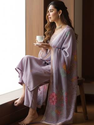 Floral Printed Thread Work Straight Kurta With Trousers & Dupatta 1