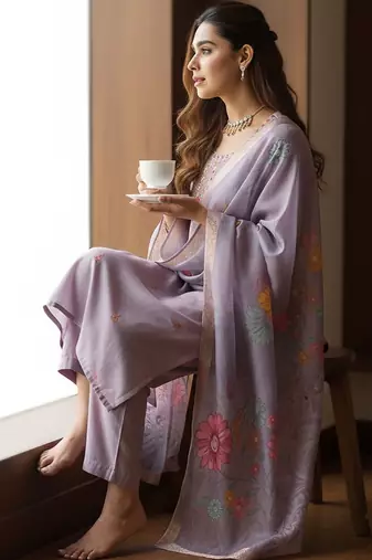Floral Printed Thread Work Straight Kurta With Trousers & Dupatta