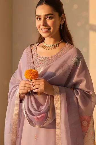 Floral Printed Thread Work Straight Kurta With Trousers & Dupatta