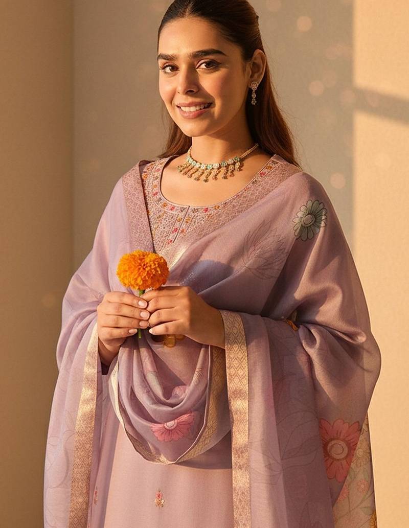 Floral Printed Thread Work Straight Kurta With Trousers & Dupatta