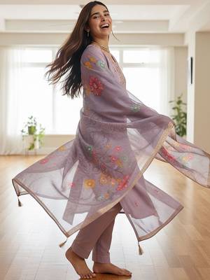 Floral Printed Thread Work Straight Kurta With Trousers & Dupatta 3