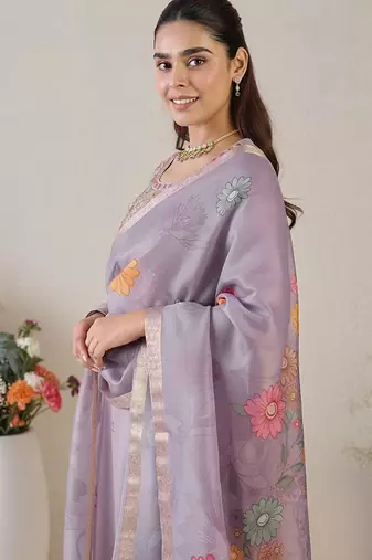 Floral Printed Thread Work Straight Kurta With Trousers & Dupatta