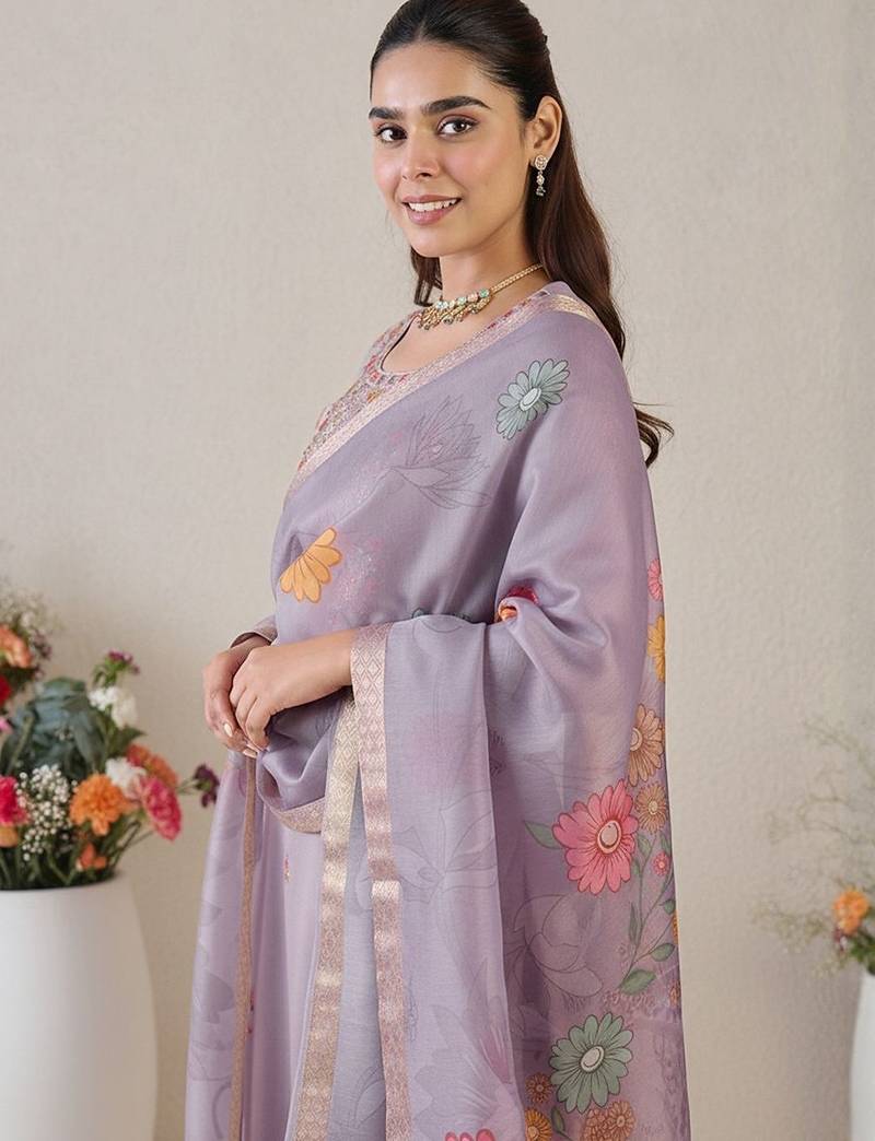 Floral Printed Thread Work Straight Kurta With Trousers & Dupatta