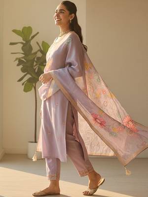 Floral Printed Thread Work Straight Kurta With Trousers & Dupatta 5