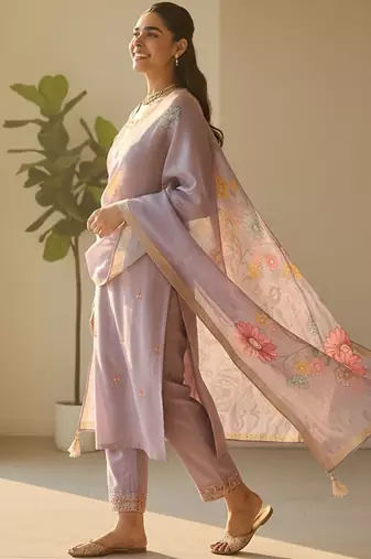 Floral Printed Thread Work Straight Kurta With Trousers & Dupatta