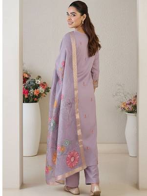 Floral Printed Thread Work Straight Kurta With Trousers & Dupatta 6