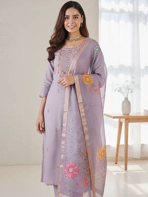 Floral Printed Thread Work Straight Kurta With Trousers & Dupatta 7