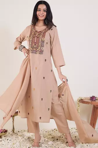 Ethnic Motifs Embroidered Thread Work Straight Kurta With Trousers & Dupatta