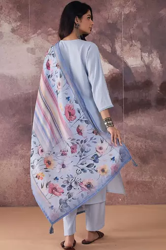 Self Design Regular Thread Work Kurta With Trousers & Dupatta