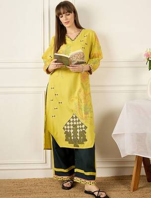 Floral Printed Thread Work Pure Cotton Kurta With Palazzos 1