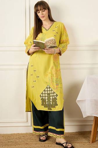 Floral Printed Thread Work  Cotton Kurta With Palazzos