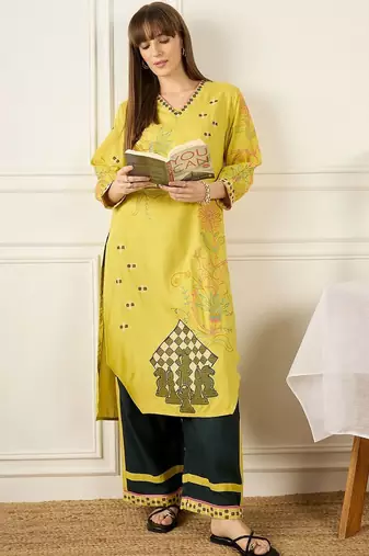 Floral Printed Thread Work Pure Cotton Kurta With Palazzos