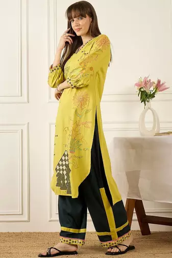 Floral Printed Thread Work Pure Cotton Kurta With Palazzos