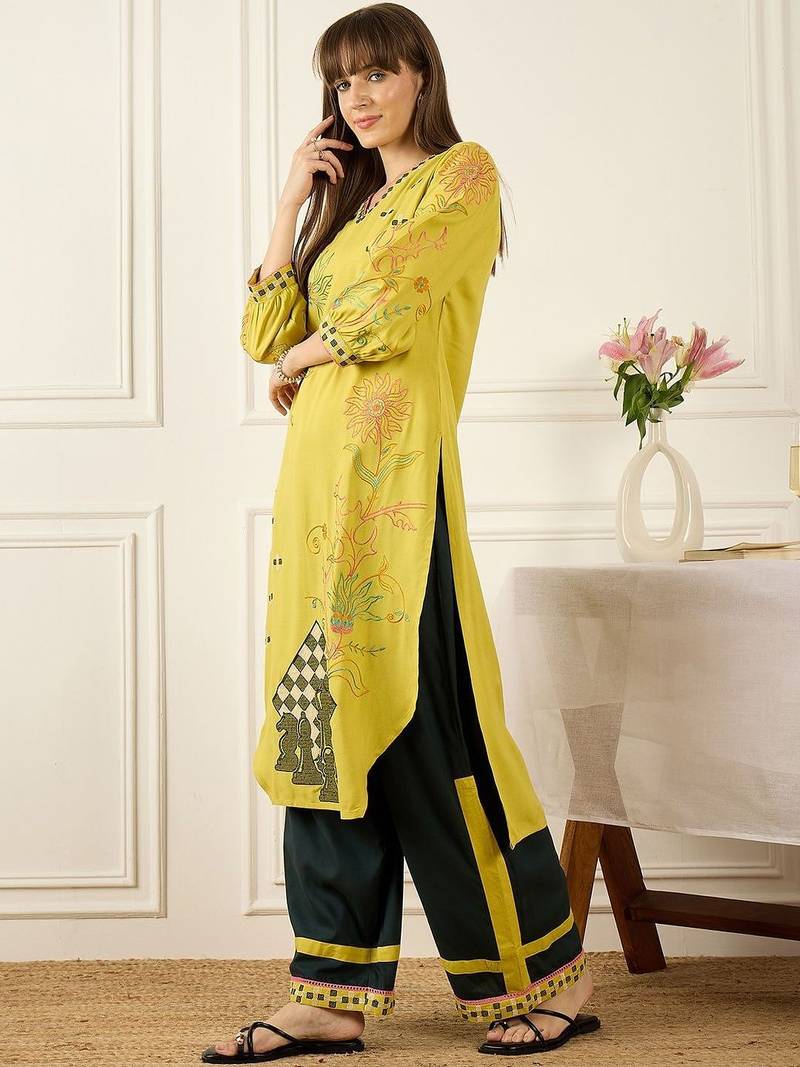 Floral Printed Thread Work Pure Cotton Kurta With Palazzos