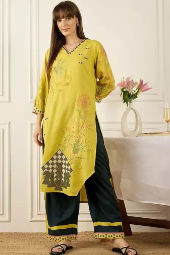 Floral Printed Thread Work Pure Cotton Kurta With Palazzos