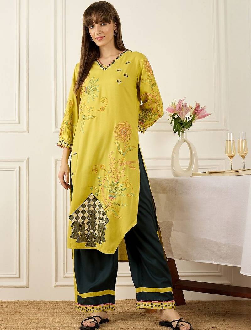 Floral Printed Thread Work Pure Cotton Kurta With Palazzos