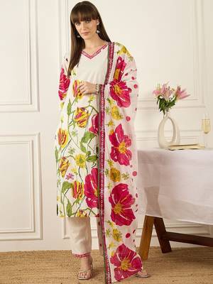 Floral Printed V-Neck Pure Cotton Straight Kurta With Trousers & Dupatta 1
