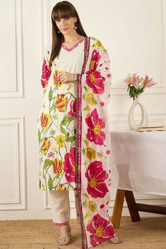 Floral Printed V-Neck Pure Cotton Straight Kurta With Trousers & Dupatta