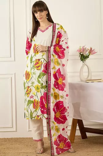 Floral Printed V-Neck Pure Cotton Straight Kurta With Trousers & Dupatta