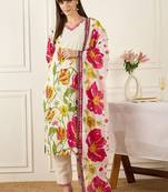 Floral Printed V-Neck Pure Cotton Straight Kurta With Trousers & Dupatta